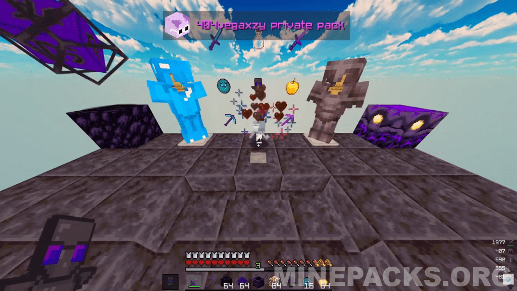 404vegaxzy texture pack showcasing purple end crystals and enhanced diamond armor for Minecraft crystal PVP