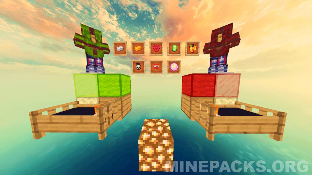 Radiate 32x texture pack showcase displaying fantasy-themed Minecraft terrain with vibrant colors and optimized PvP textures