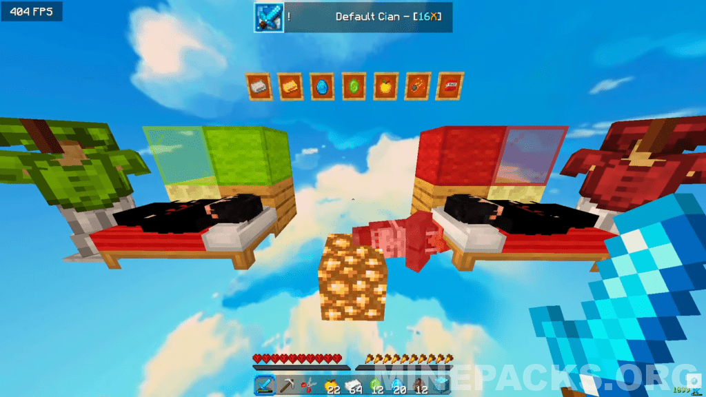 Default Cyan texture pack showcase displaying compact weapons, detailed bed design, and vibrant blue sky with clouds in Minecraft