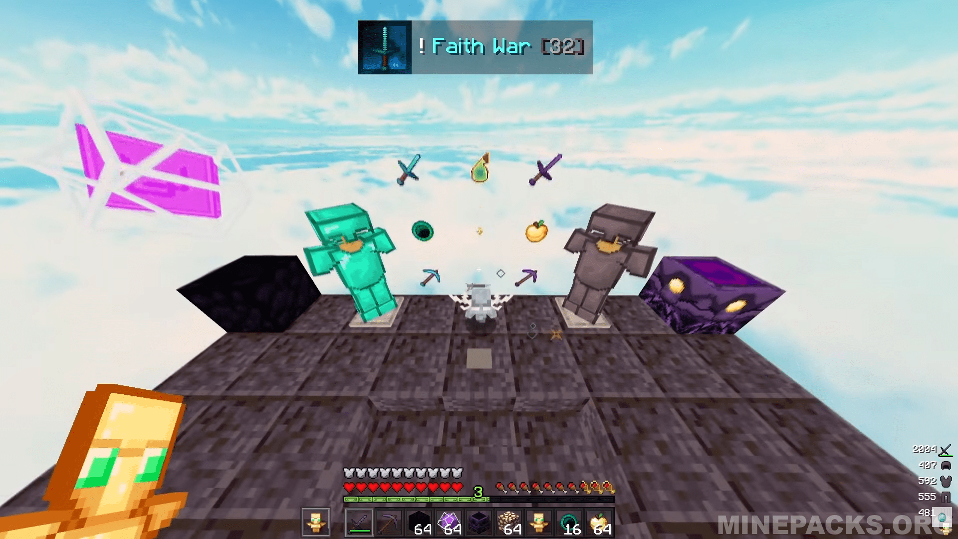 Faith War texture pack screenshot showing optimized PVP items and clean design for Minecraft crystal combat