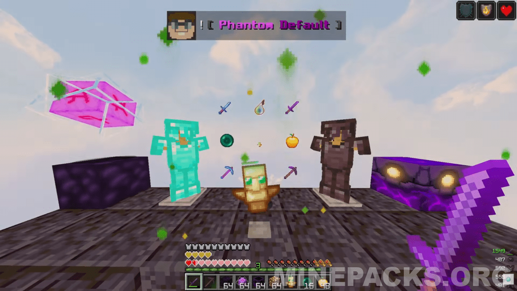 Minecraft gameplay screenshot showcasing Phantom Default texture pack's semi-realistic blocks, glowing respawn anchor, and optimized combat items in Java Edition 1.18