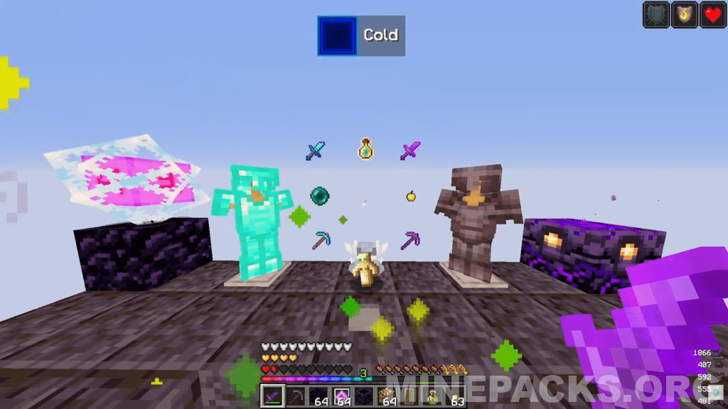 Minecraft screenshot showing Cold texture pack's small sword and colorful experience bar during gameplay