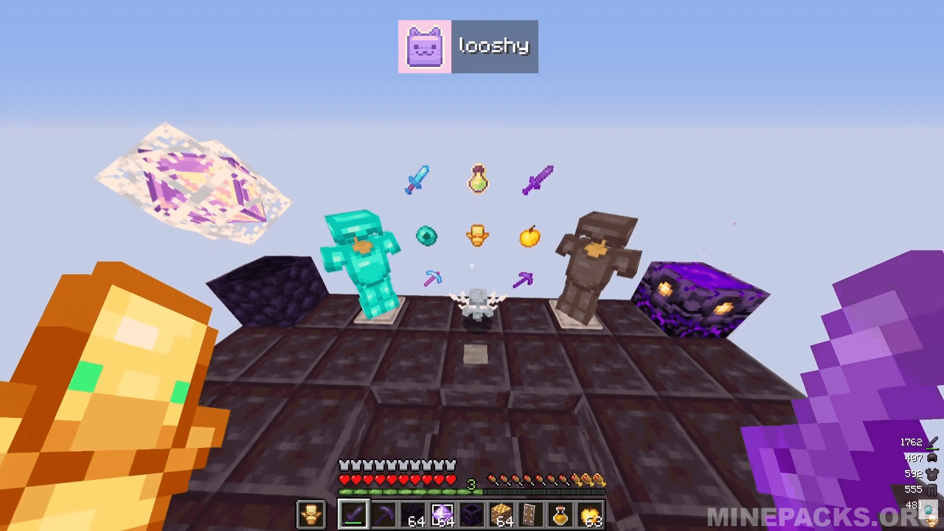 Minecraft gameplay screenshot showing Looshy texture pack's purple-themed PvP items and modified combat textures in action