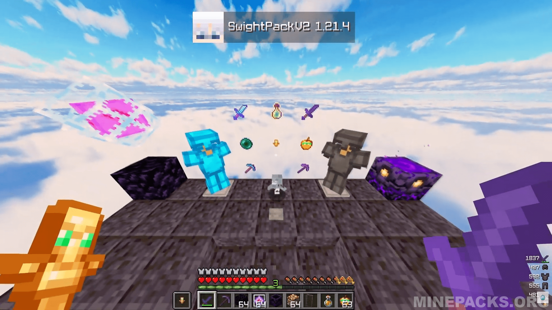 V2 texture pack showcase featuring smooth pastel armor and optimized crystal PvP items in Minecraft