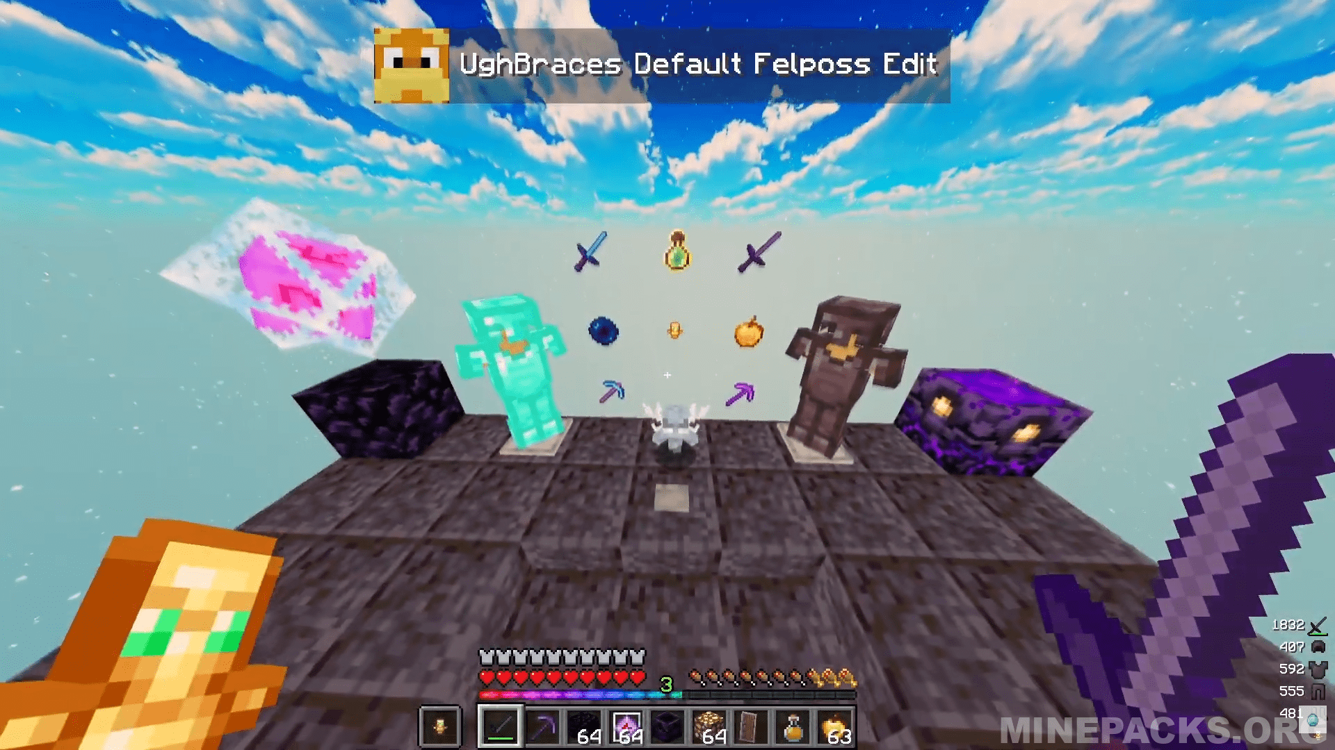 Minecraft gameplay showing sharpened sword textures and multicolor experience bar from UGH Braces texture pack