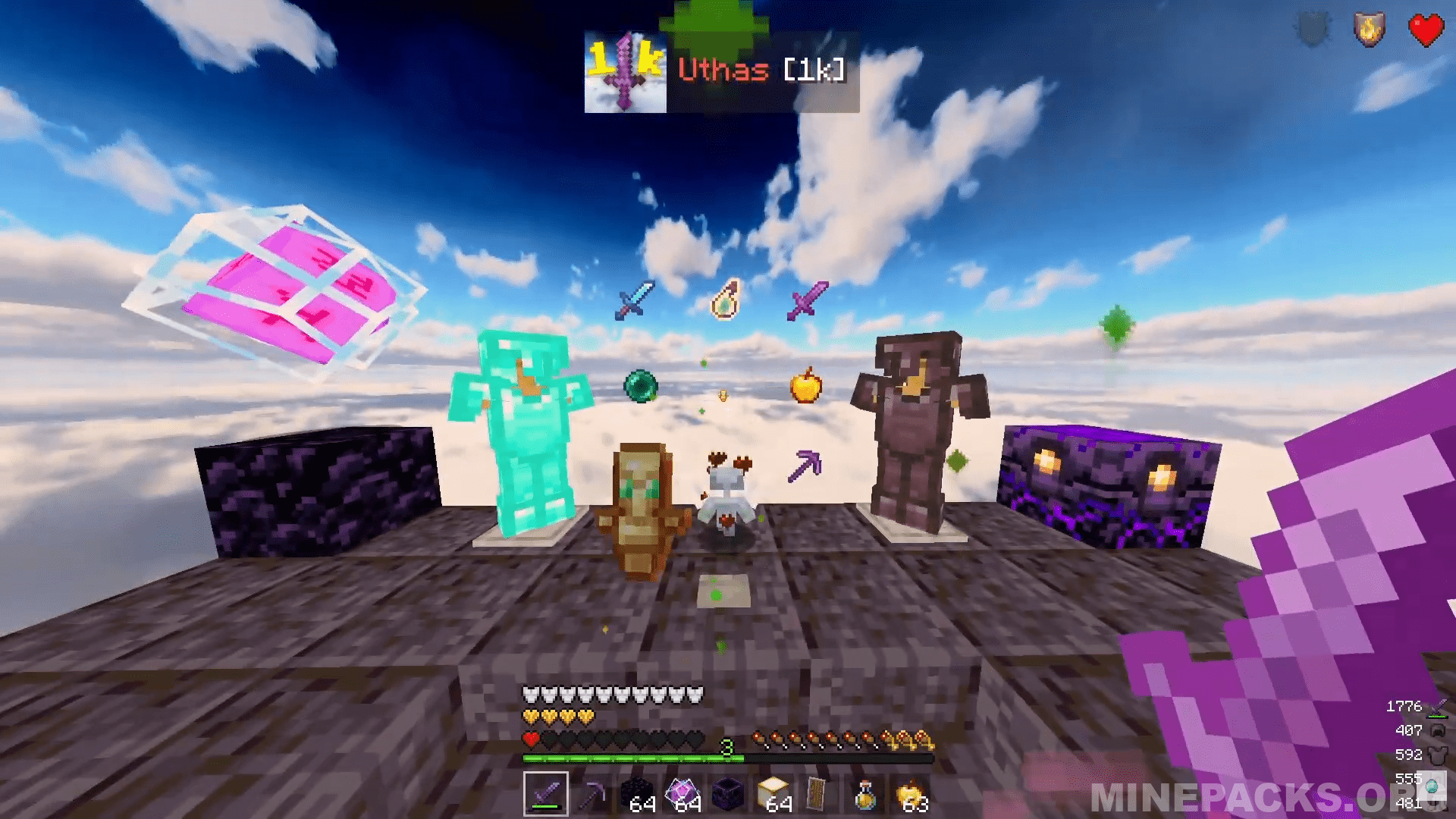 UTHAS 1K texture pack showcase featuring refined armor, compact totem, and navy semi-cloudy sky in Minecraft gameplay