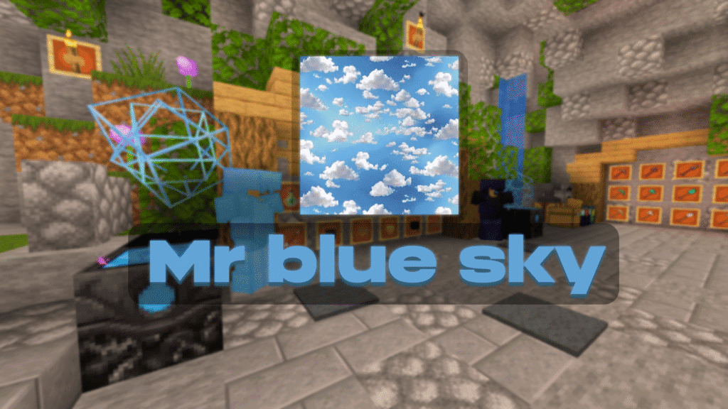 Mr Blue Sky Texture Pack overview showing PvP items, blocks, and bright sky in Minecraft