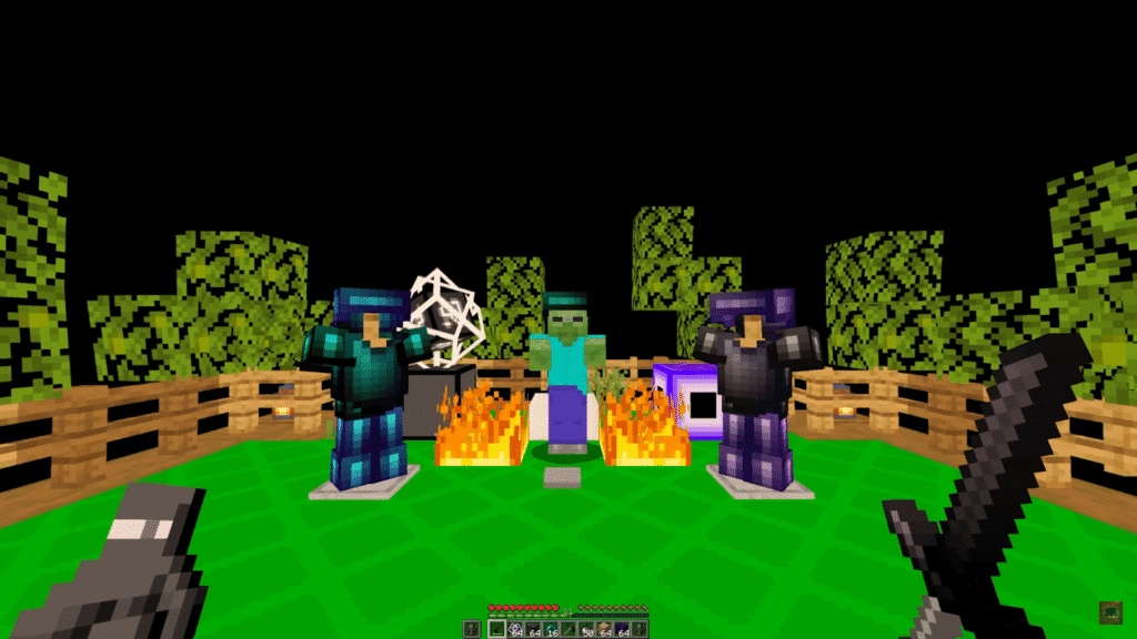 Gandy Fault texture pack preview showing navy diamond armor, muted netherite, slim swords, and low gray fire.