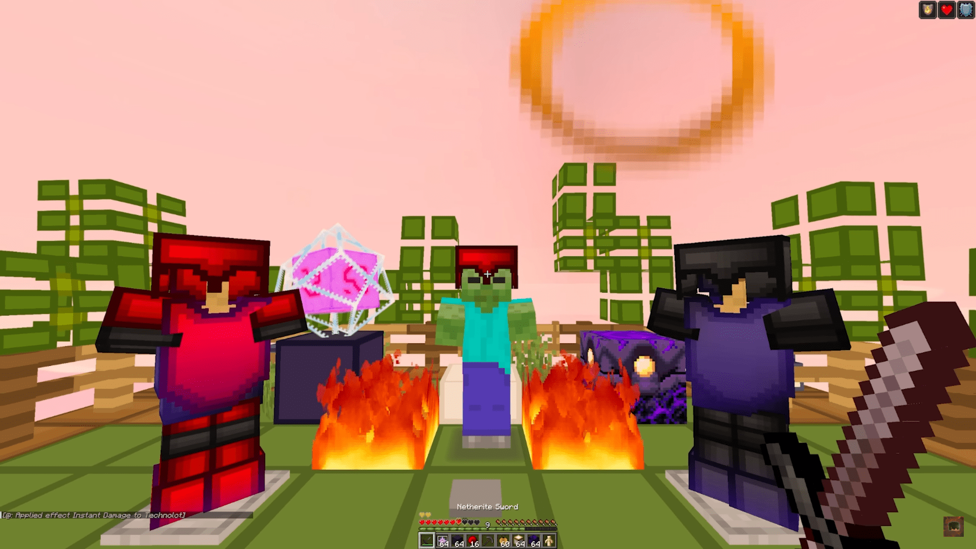 Miami Private Texture Pack featuring red diamond armor, smooth tools, and a pink-red sky for Crystal PvP