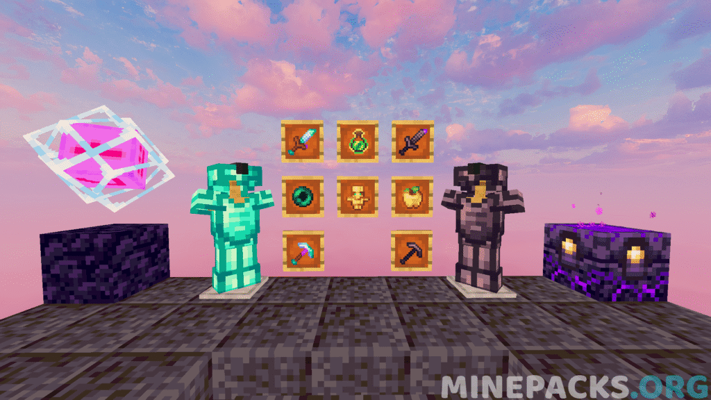 Tournament 16x texture pack showcasing vanilla-style PvP items, short swords, and pink sky