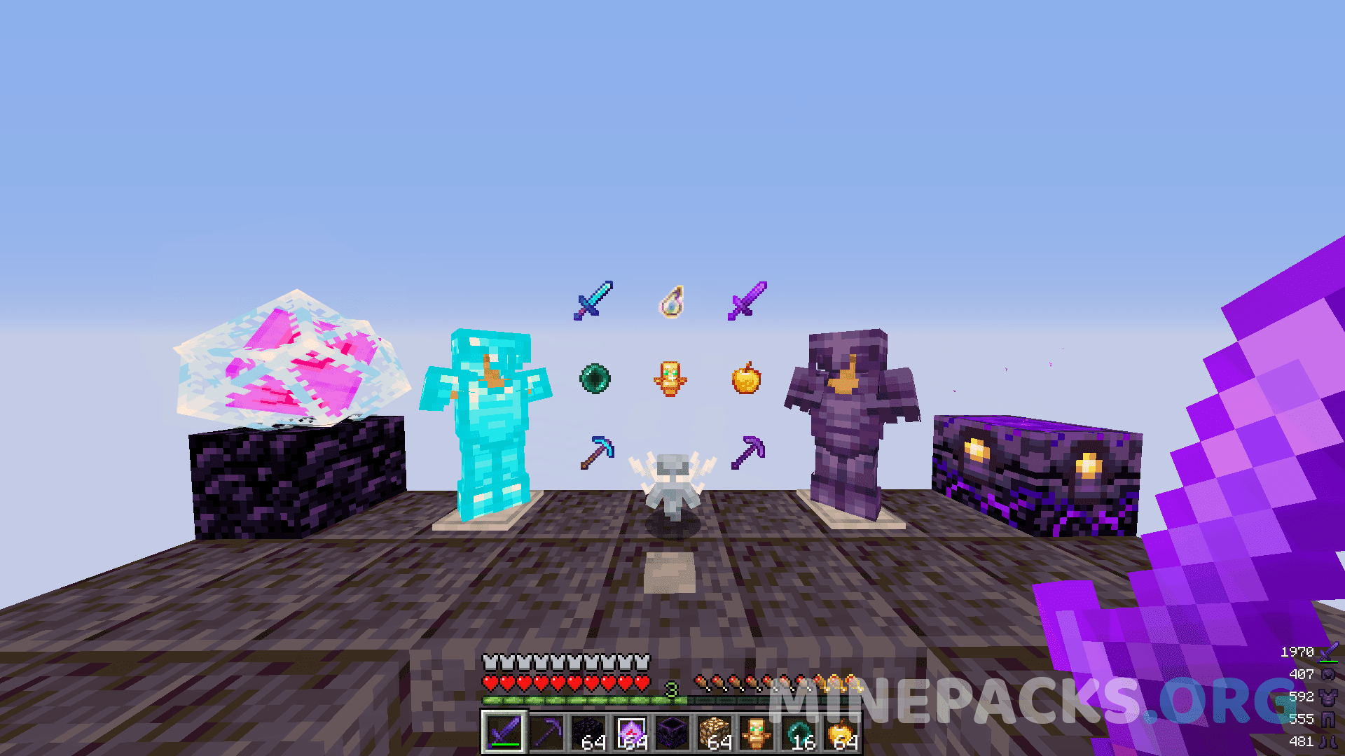 Pubi 20k texture pack showing default-style PvP textures, clean swords, and red damage particles in Minecraft Java