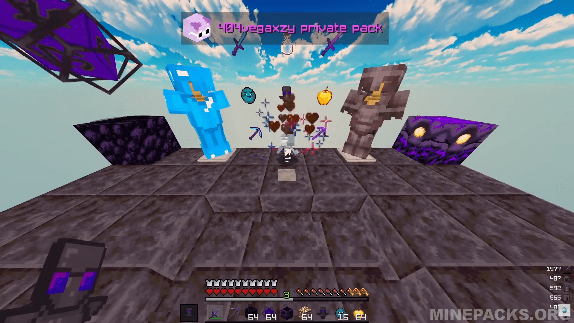 404vegaxzy texture pack showcasing purple end crystals and enhanced diamond armor for Minecraft crystal PVP
