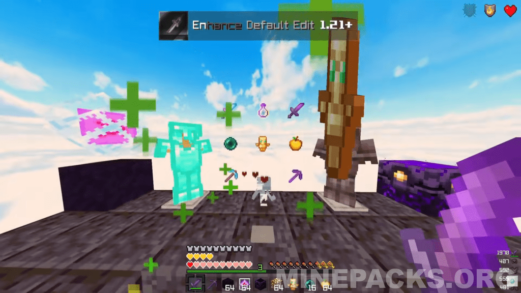 Enhance Default Edit texture pack showcasing polished vanilla-style blocks and shortened swords for Minecraft 1.21