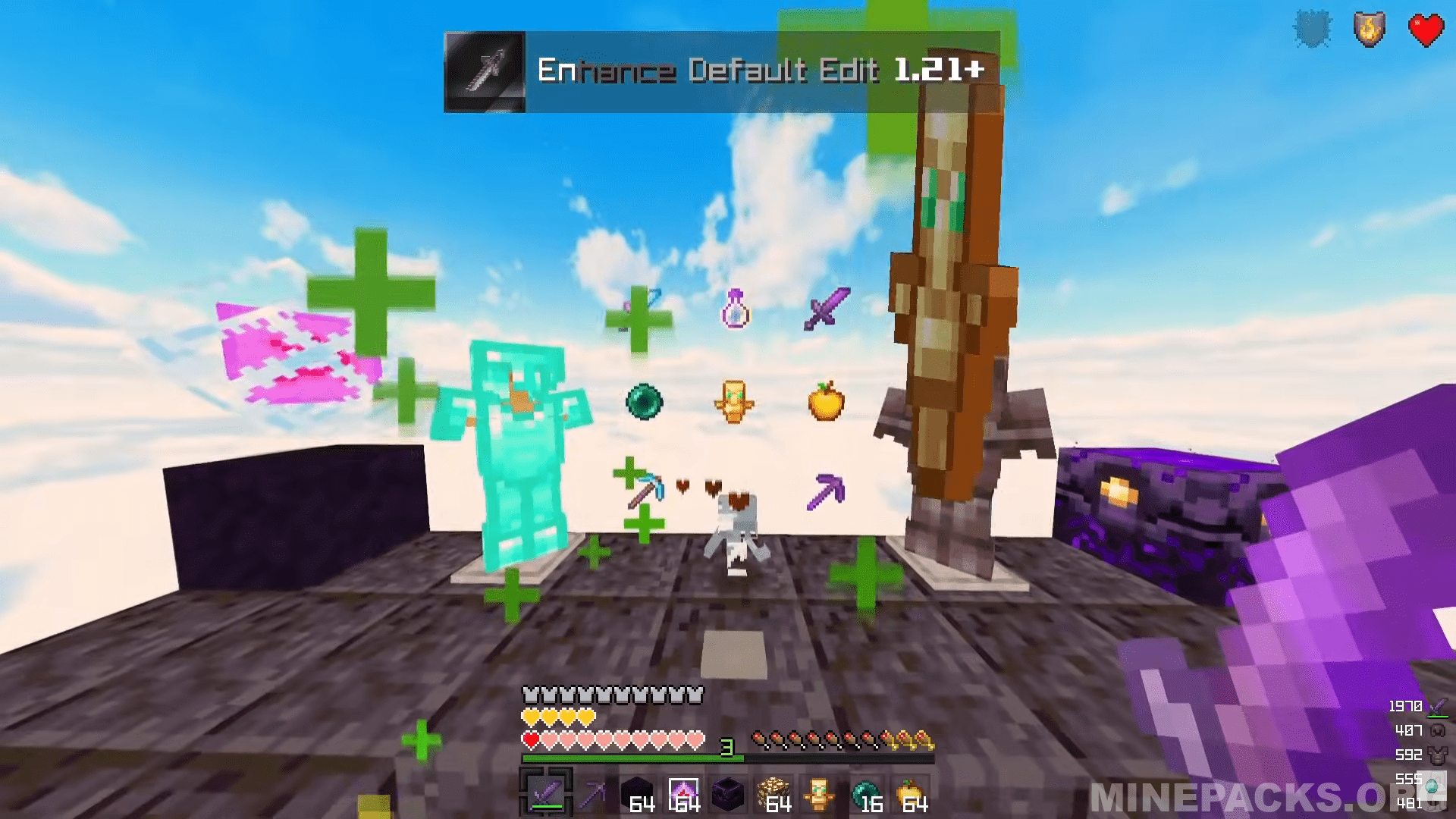 Enhance Default Edit texture pack showcasing polished vanilla-style blocks and shortened swords for Minecraft 1.21