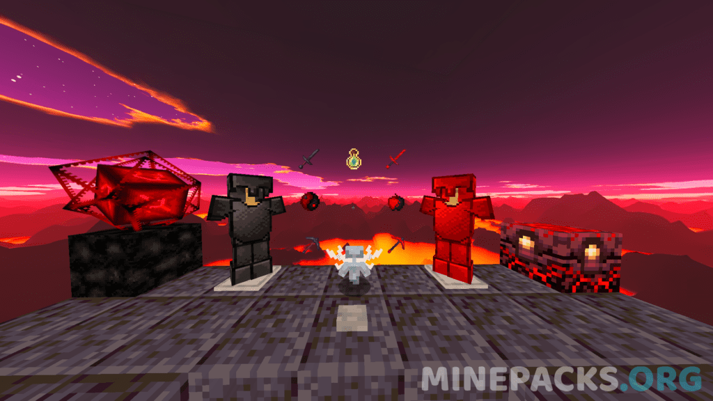harluuuu 5k texture pack showcasing red End Crystals, custom swords, and a subtle red sky in Minecraft 1.21