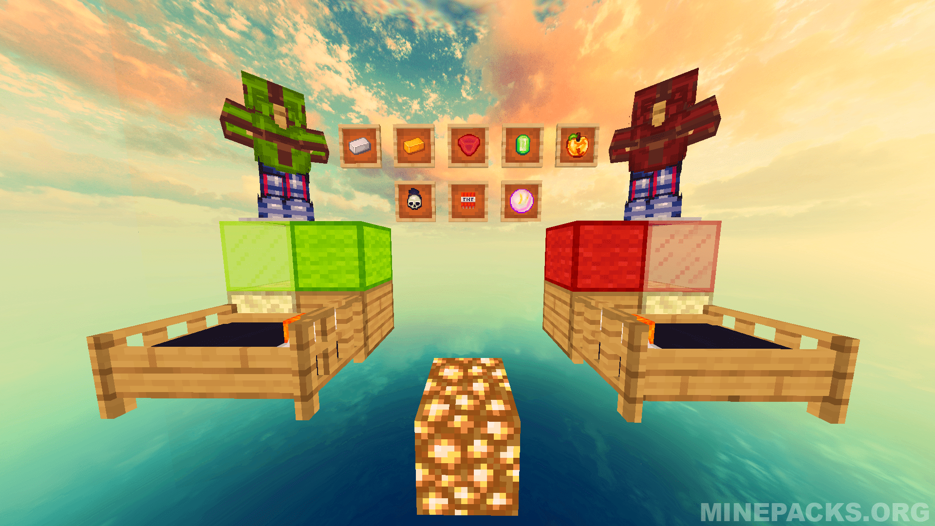 Radiate 32x texture pack showcase displaying fantasy-themed Minecraft terrain with vibrant colors and optimized PvP textures