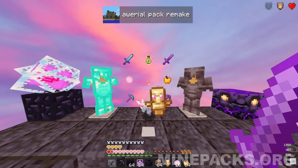 Awerial texture pack showcase featuring purple and pink sky gradient in Minecraft