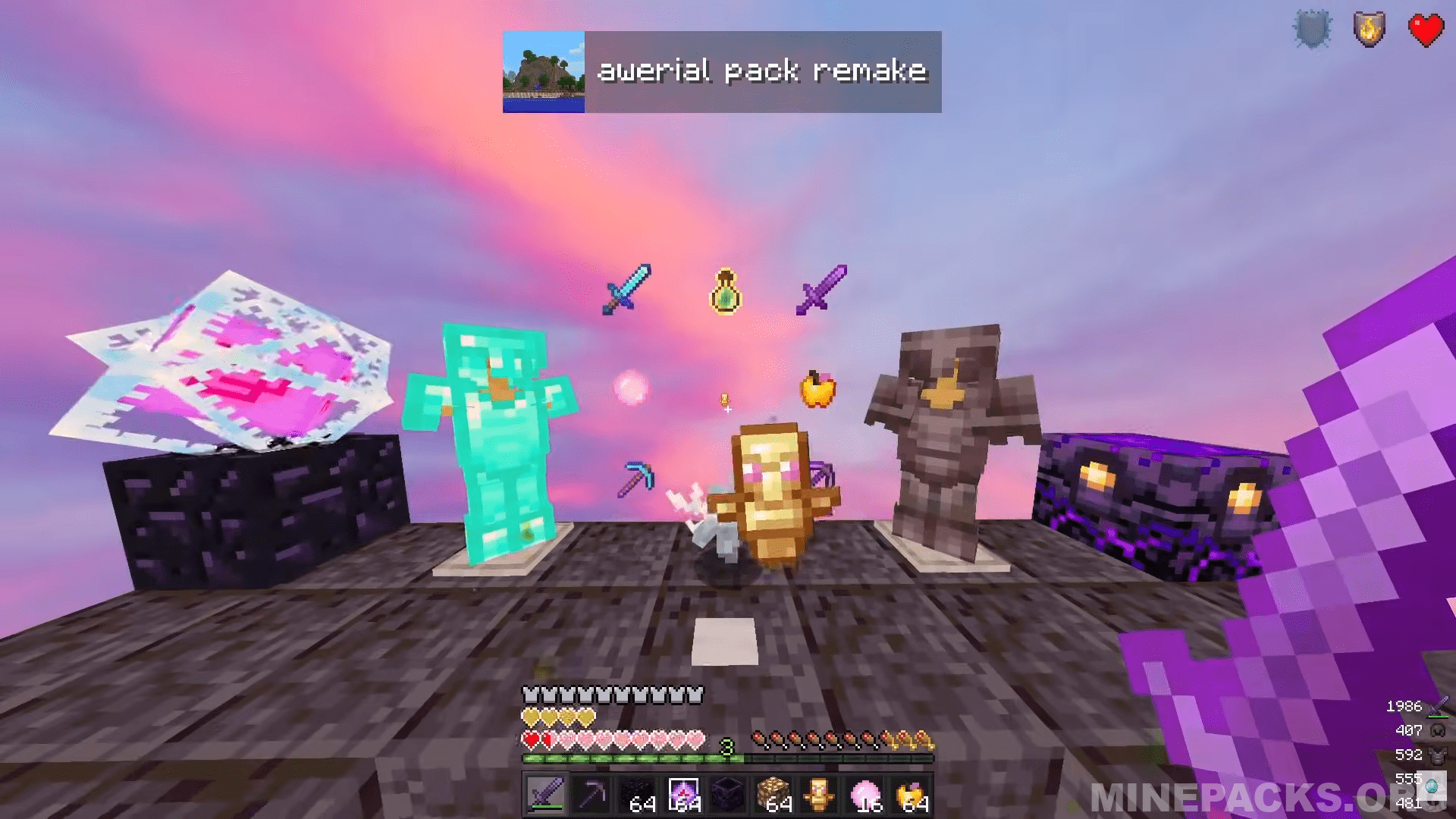Awerial texture pack showcase featuring purple and pink sky gradient in Minecraft