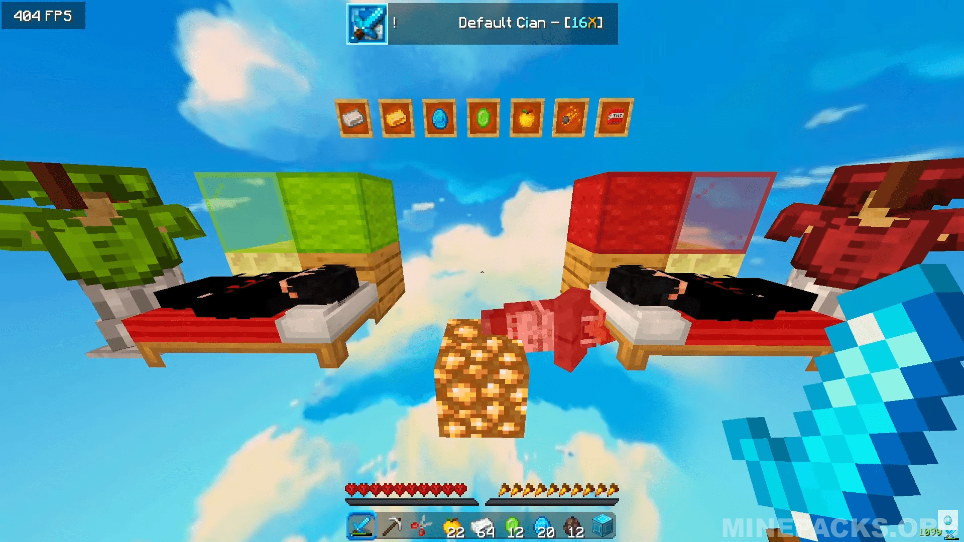 Default Cyan texture pack showcase displaying compact weapons, detailed bed design, and vibrant blue sky with clouds in Minecraft