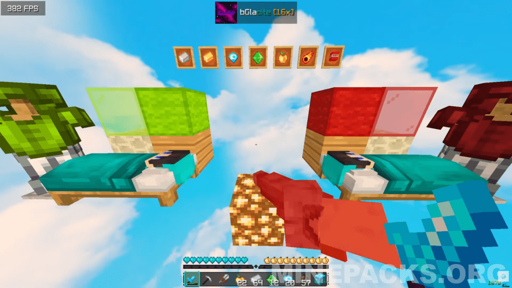 Glacite texture pack showcase featuring redesigned weapons, realistic ores, and clear sky in Minecraft 1.8.9