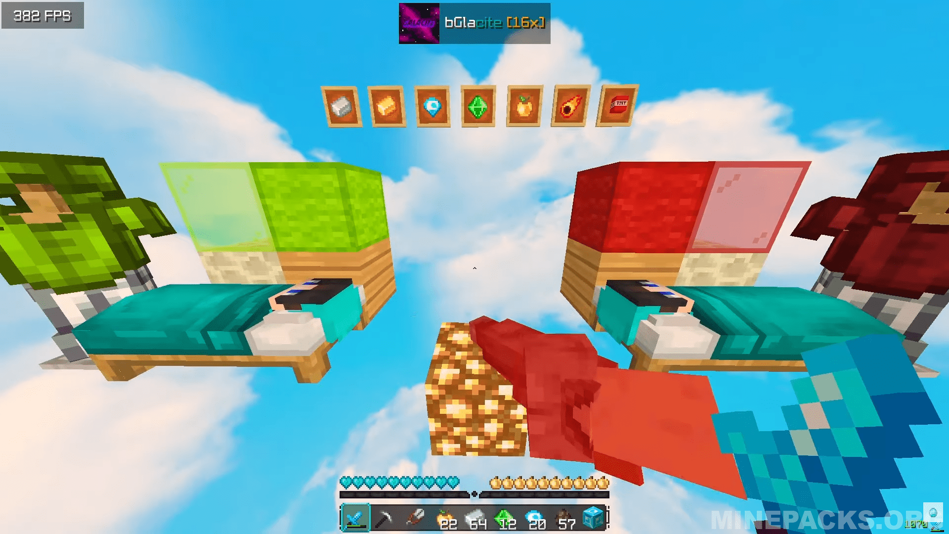 Glacite texture pack showcase featuring redesigned weapons, realistic ores, and clear sky in Minecraft 1.8.9