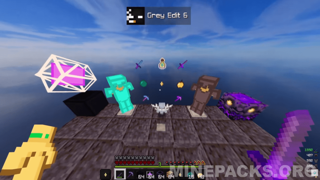 Grey Edit texture pack showcase displaying simplified item textures and clean default style in Minecraft