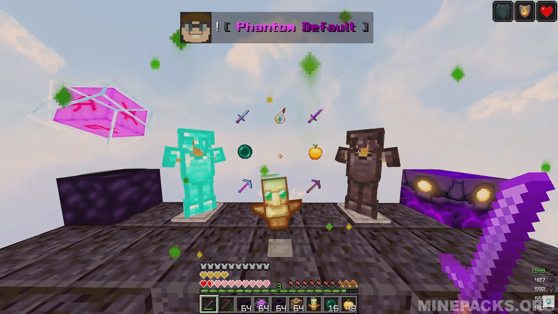Minecraft gameplay screenshot showcasing Phantom Default texture pack's semi-realistic blocks, glowing respawn anchor, and optimized combat items in Java Edition 1.18