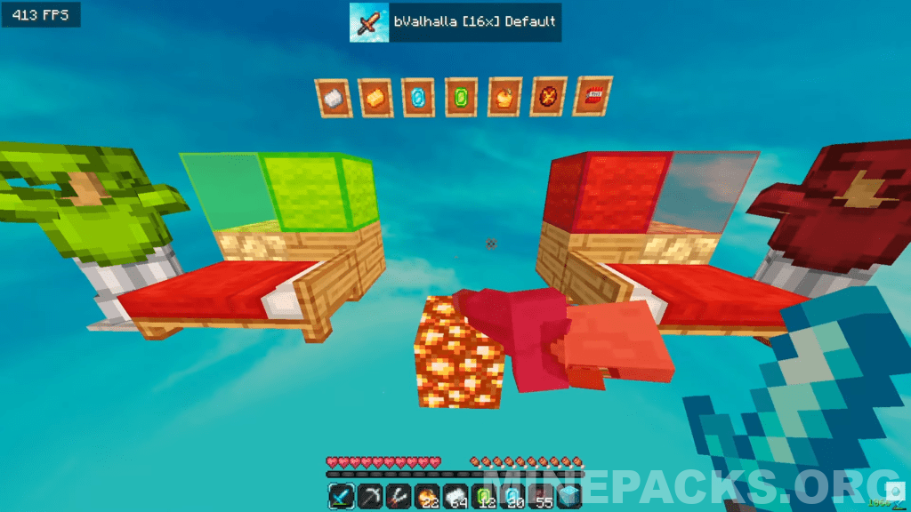 Valhalla texture pack showcase displaying blue sky, detailed blocks, and realistic diamond ore in Minecraft 1.8.9