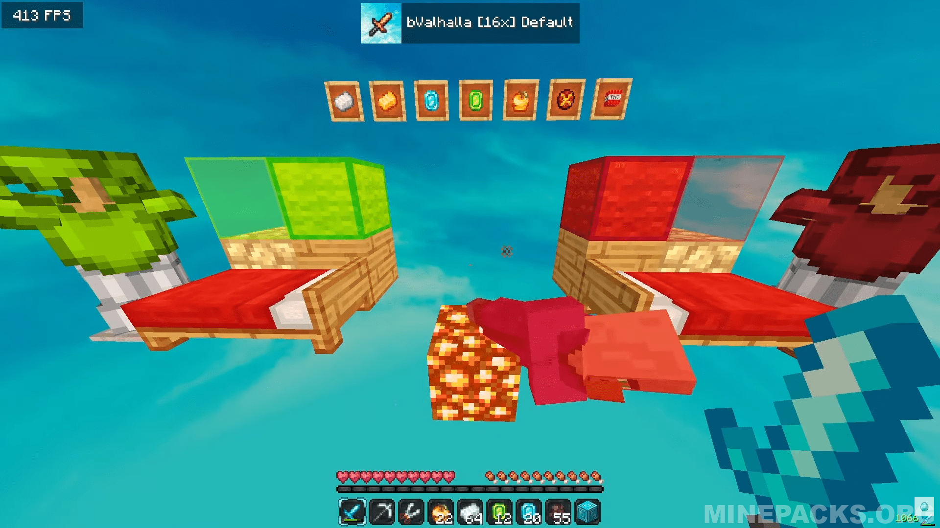 Valhalla texture pack showcase displaying blue sky, detailed blocks, and realistic diamond ore in Minecraft 1.8.9