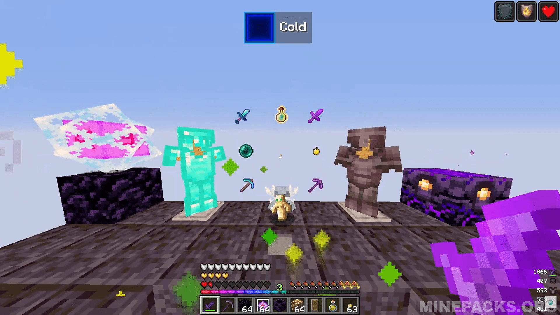 Minecraft screenshot showing Cold texture pack's small sword and colorful experience bar during gameplay