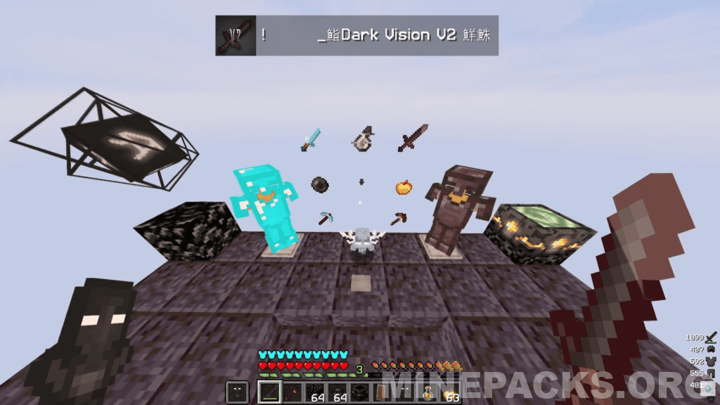 Dark Vision V2 texture pack showcasing black-themed diamond armor and netherite weapons in Minecraft gameplay