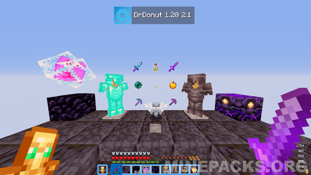 DrDonut texture pack showing blue inventory interface and optimized PvP items for Minecraft Java Edition gameplay