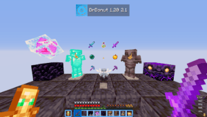DrDonut texture pack showing blue inventory interface and optimized PvP items for Minecraft Java Edition gameplay
