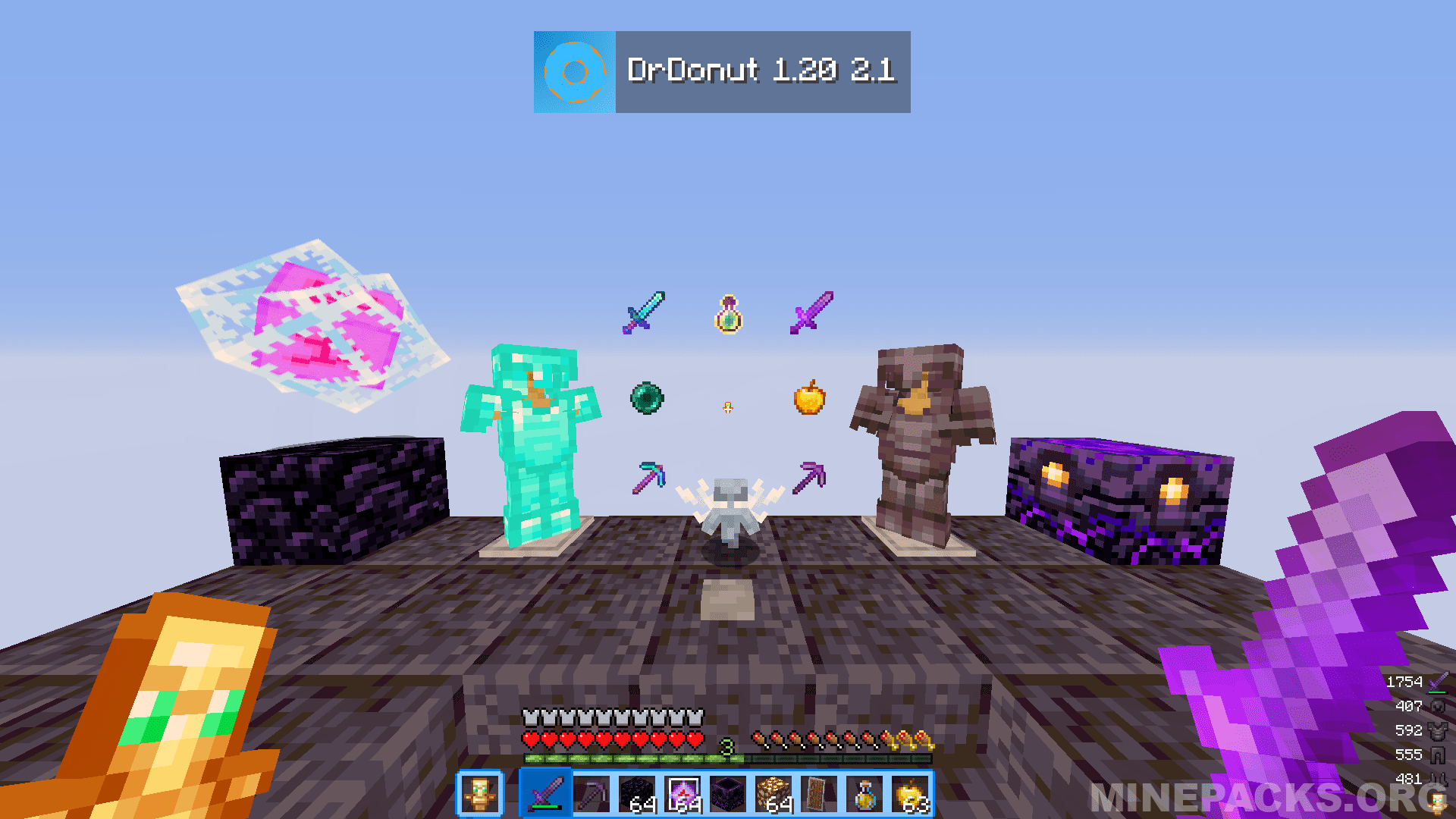 DrDonut texture pack showing blue inventory interface and optimized PvP items for Minecraft Java Edition gameplay
