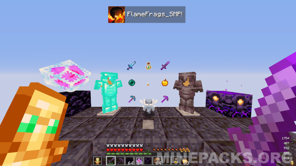 FlameFrags texture pack showcasing the compact totem design during crystal PVP combat in Minecraft