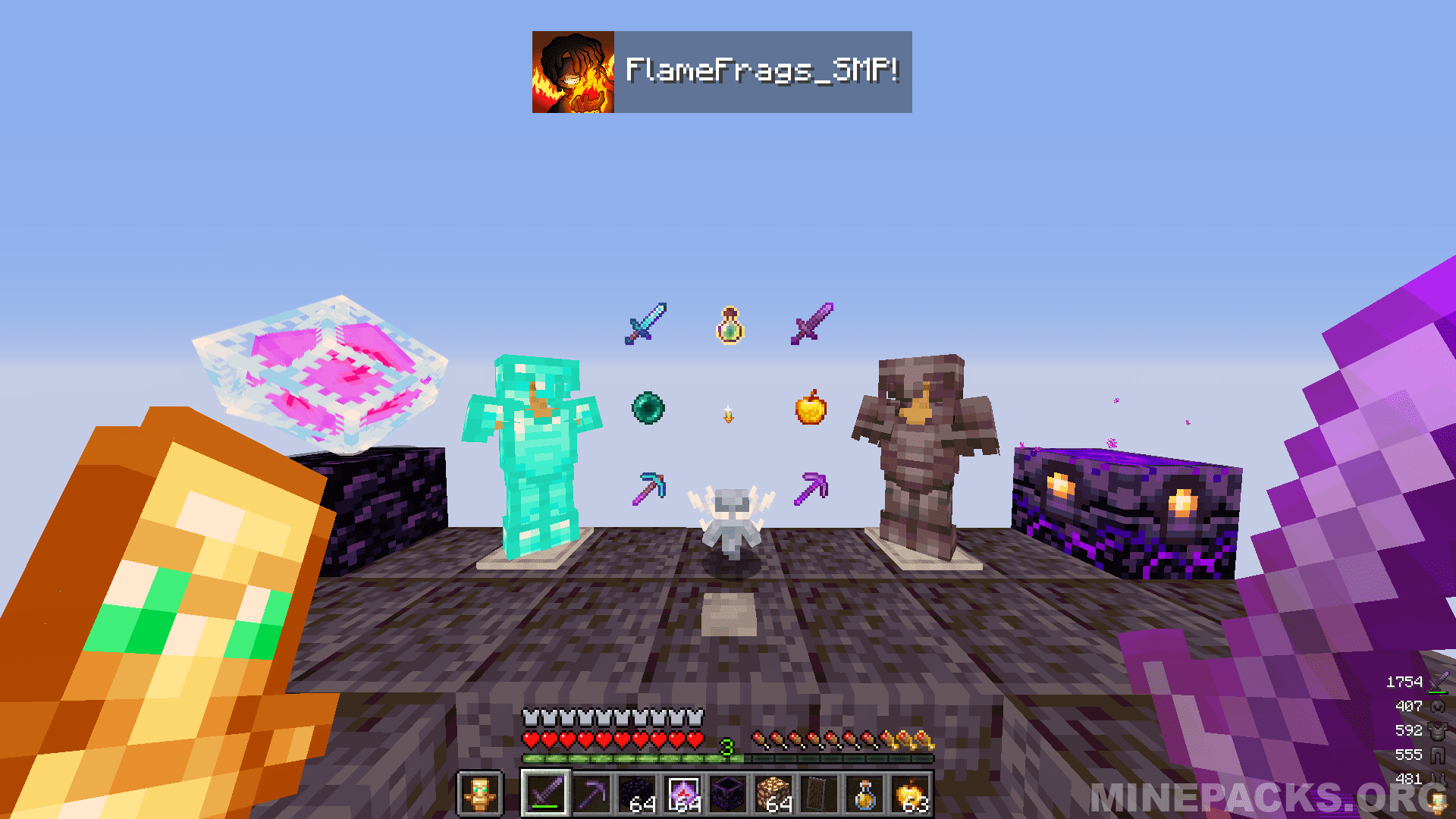 FlameFrags texture pack showcasing the compact totem design during crystal PVP combat in Minecraft