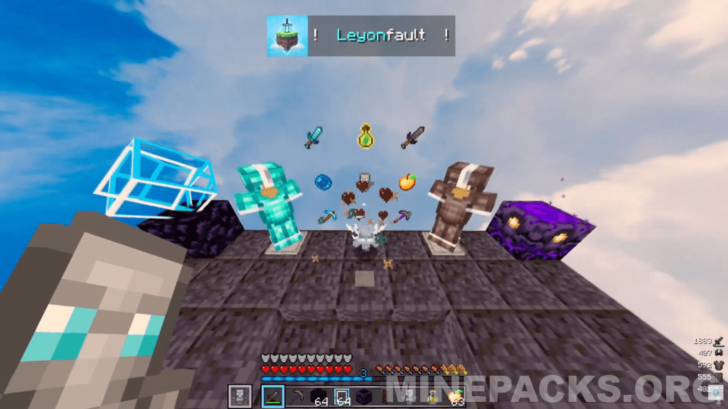 Leyonfault texture set including blue diamond look on Minecraft armor and End Crystal with azure sky.