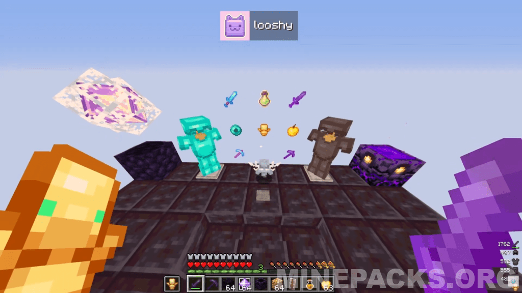 Minecraft gameplay screenshot showing Looshy texture pack's purple-themed PvP items and modified combat textures in action
