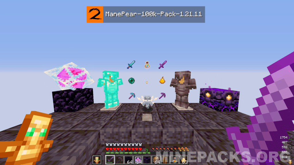 Minecraft gameplay showing Manepear texture pack's custom shield design with orange borders during combat