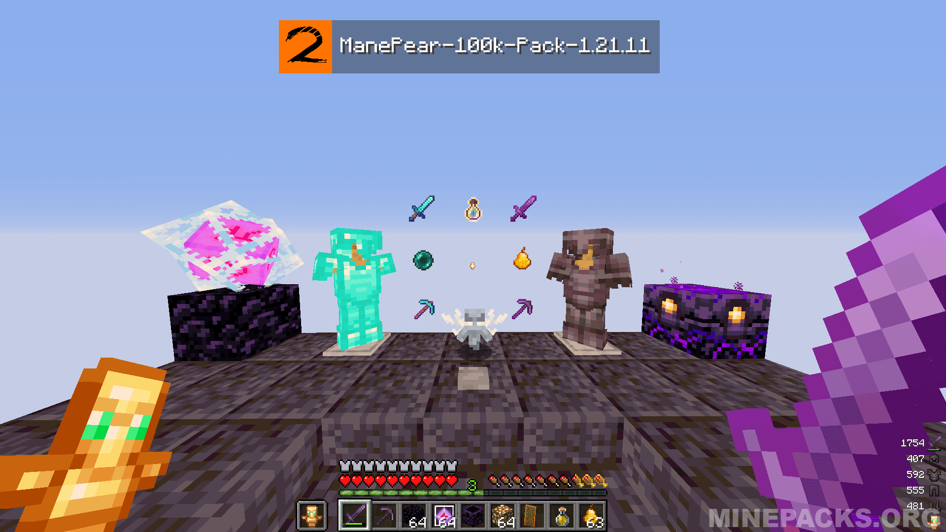 Minecraft gameplay showing Manepear texture pack's custom shield design with orange borders during combat