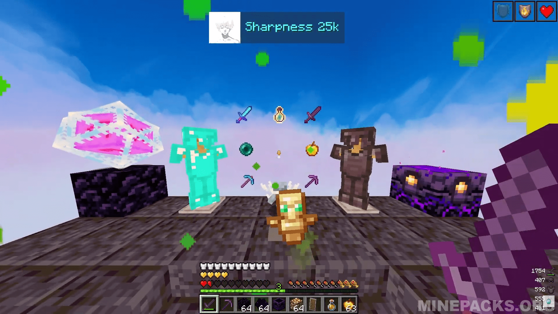 Sharpness 25k texture pack showcasing custom sky and compact PvP elements for Minecraft crystal combat