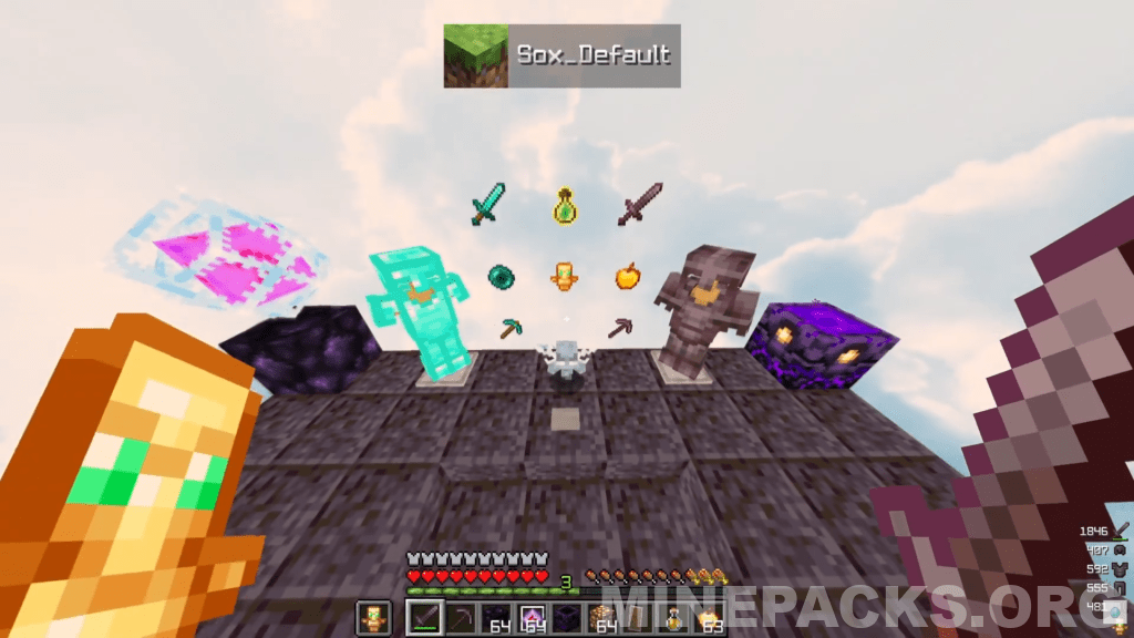 Sox Default texture pack gameplay showing realistic layered obsidian blocks and cloudy sky in Minecraft Java Edition