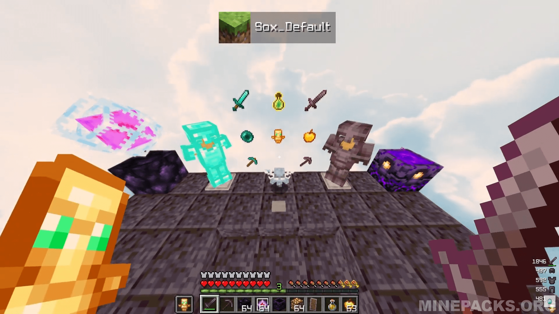 Sox Default texture pack gameplay showing realistic layered obsidian blocks and cloudy sky in Minecraft Java Edition