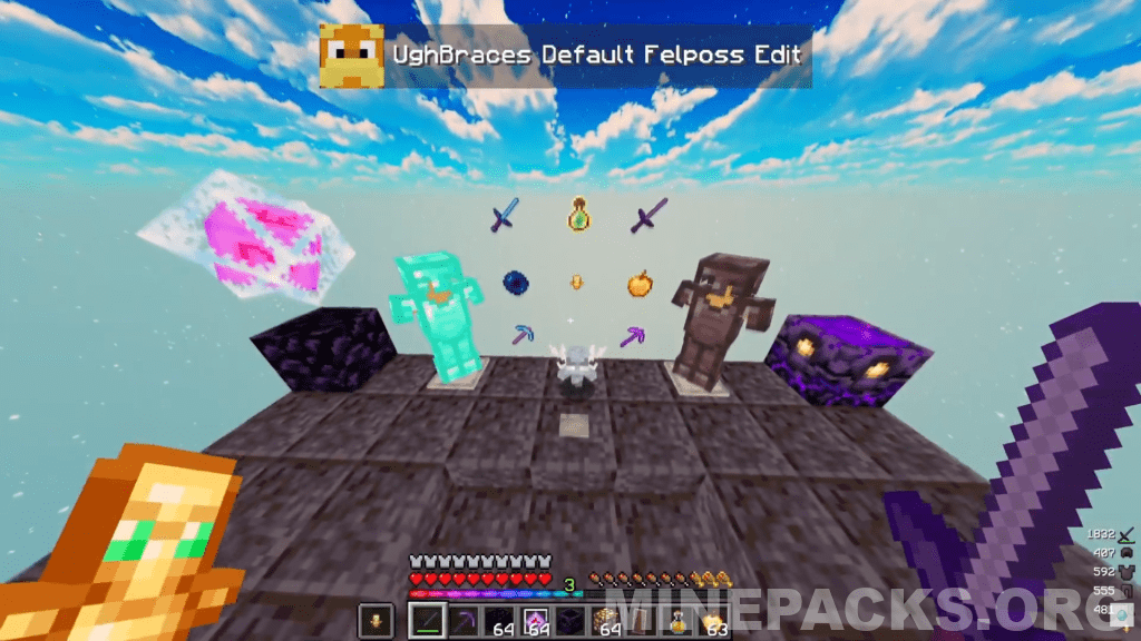 Minecraft gameplay showing sharpened sword textures and multicolor experience bar from UGH Braces texture pack