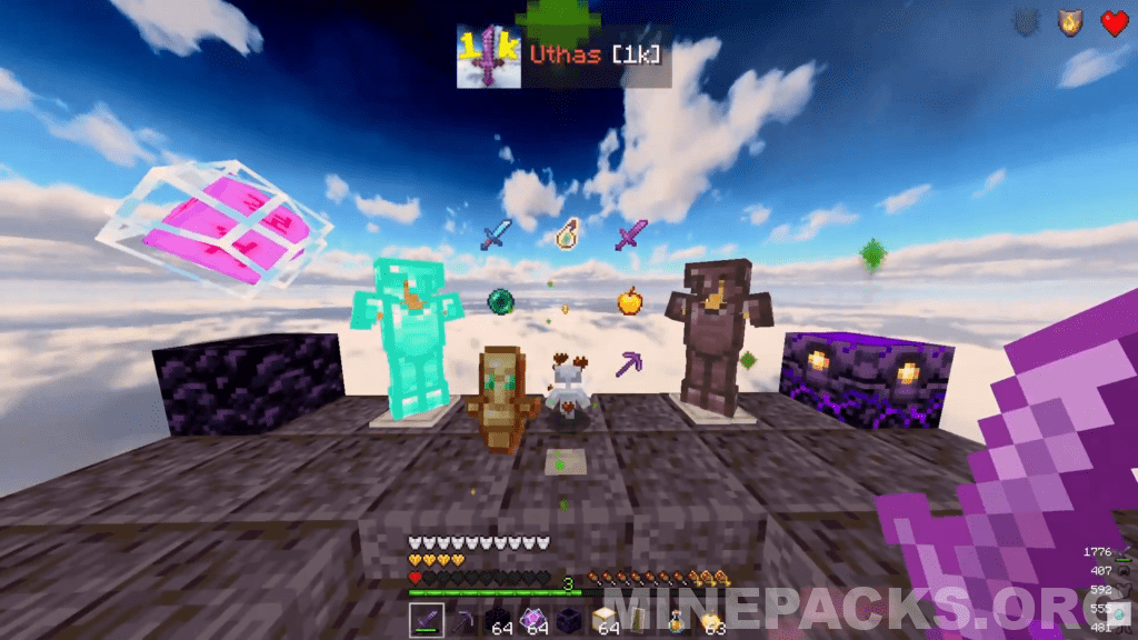 UTHAS 1K texture pack showcase featuring refined armor, compact totem, and navy semi-cloudy sky in Minecraft gameplay