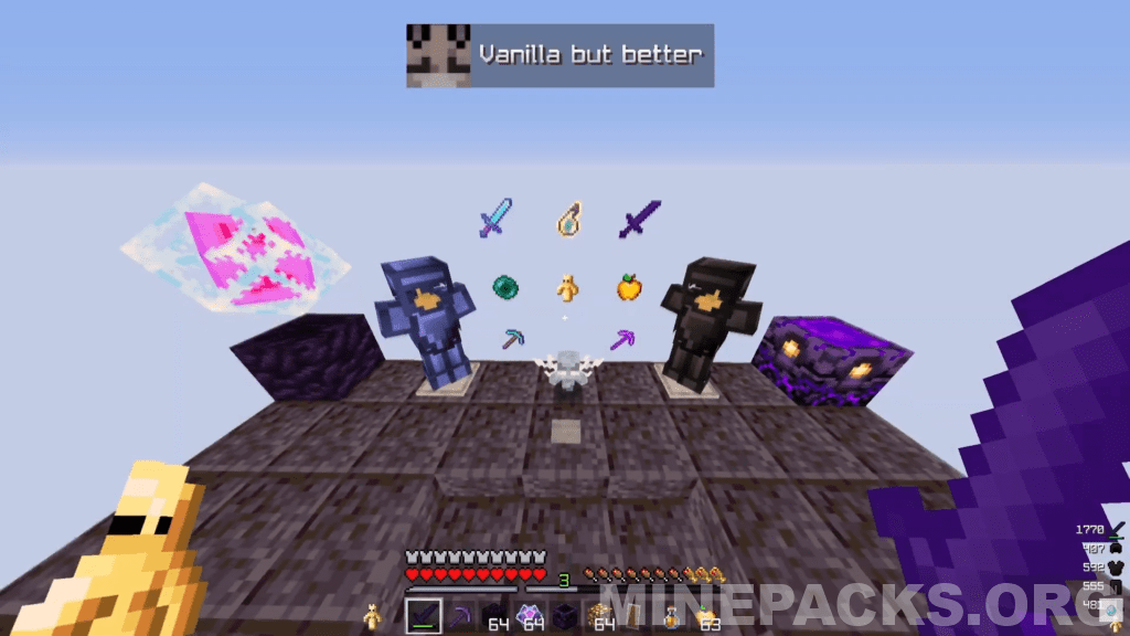 Minecraft inventory showing darker diamond armor and netherite tools from vanilla but better texture pack
