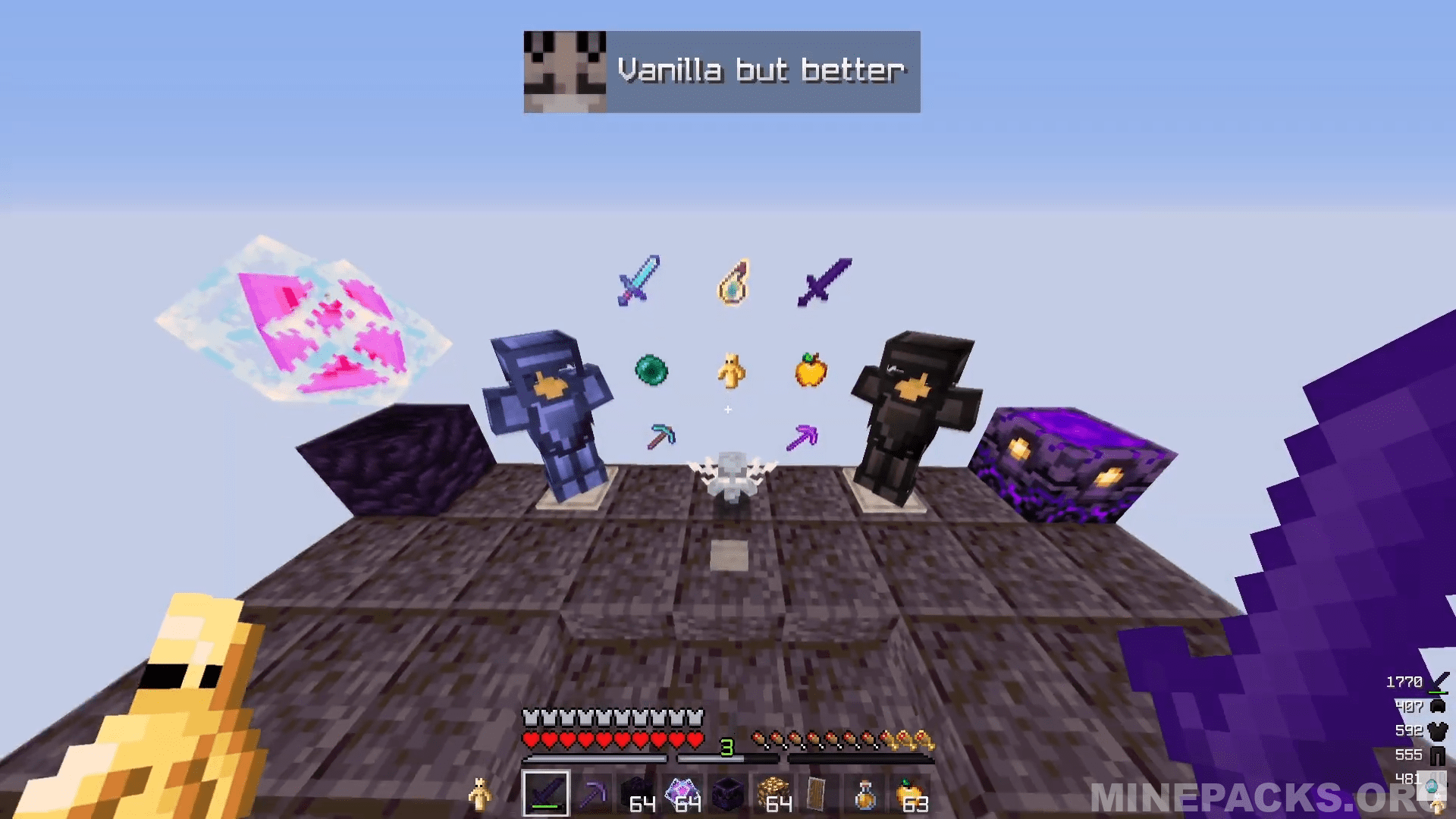 Minecraft inventory showing darker diamond armor and netherite tools from vanilla but better texture pack